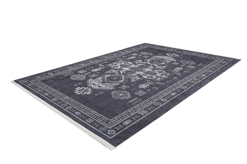 Load image 1 in gallery view. The Majestic Symbol - Washable Rug - JR1892 (Custom Size) is a dark gray flat weave rug with white geometric and floral patterns, a detailed border, and short white fringe on the short edges, shown on a white background.