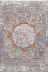 The Medallion Remix Colorful Premium Rug - MT120 showcases a distressed vintage look with a faded central medallion, intricate geometric and floral patterns, and muted tones of red, yellow, blue, and beige.