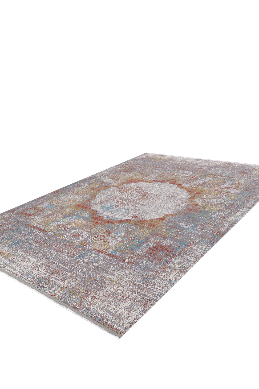 The Medallion Remix Colorful Premium Rug - MT120 is a rectangular, machine-made rug featuring a faded vintage medallion pattern in muted blue, red, and beige tones on a white background, displayed on a white surface.