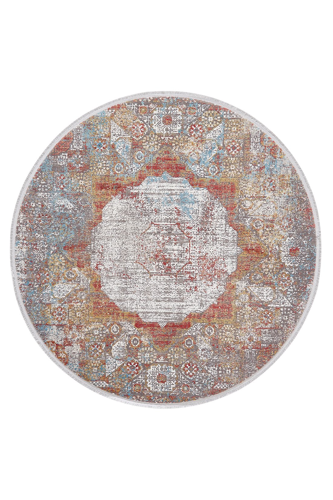 The Medallion Remix Colorful Premium Rug - MT120 is a round, machine-made rug with a distressed vintage medallion pattern in red, blue, gold, and ivory, inspired by classic Turkish designs.