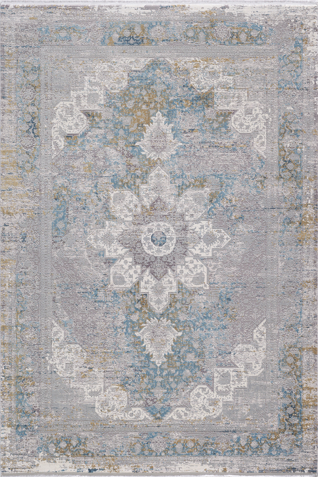 The Medallion Revamp Modernised Medallion Rug - MT002 is a rectangular machine-made rug with a gray, light blue, cream, and gold traditional medallion design, central floral motif, and ornate borders.