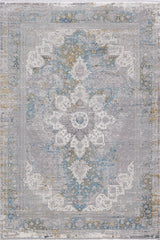 The Medallion Revamp Modernised Medallion Rug - MT002 is a rectangular machine-made rug with a gray, light blue, cream, and gold traditional medallion design, central floral motif, and ornate borders.