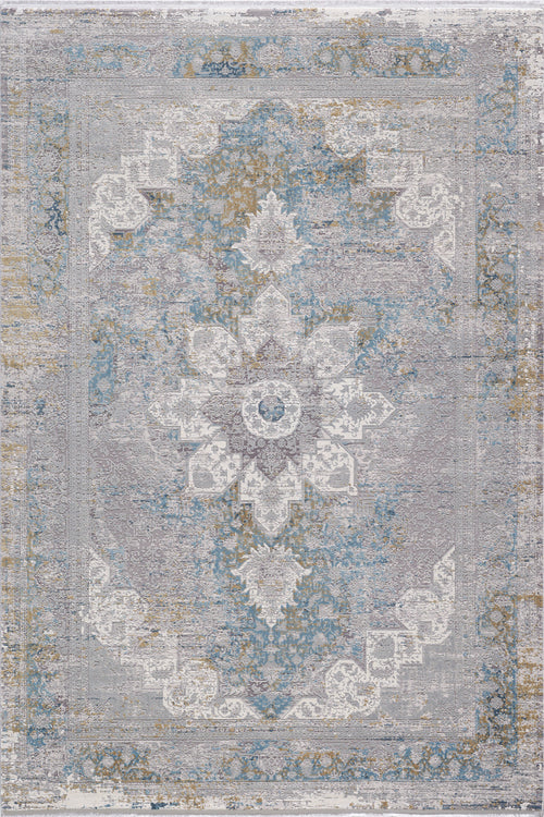 Load image 1 in gallery view. The Medallion Revamp Modernised Medallion Rug - MT002 is a rectangular machine-made rug with a gray, light blue, cream, and gold traditional medallion design, central floral motif, and ornate borders.