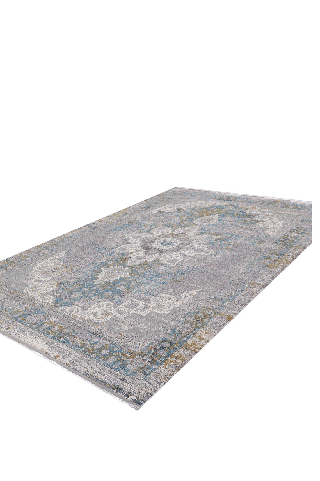 The Medallion Revamp Modernised Medallion Rug - MT002 is a rectangular machine-made rug with distressed blue, gray, and beige tones, featuring ornamental and geometric designs. Shown on a white background.