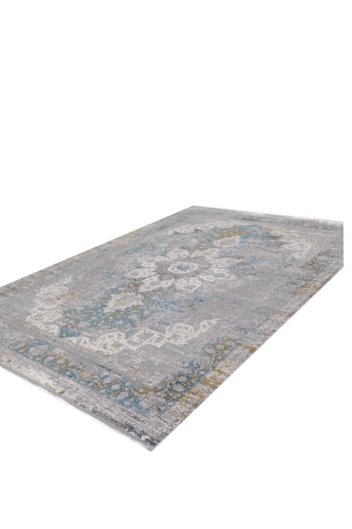 Load image 1 in gallery view. The Medallion Revamp Modernised Medallion Rug - MT002 is a rectangular machine-made rug with distressed blue, gray, and beige tones, featuring ornamental and geometric designs. Shown on a white background.