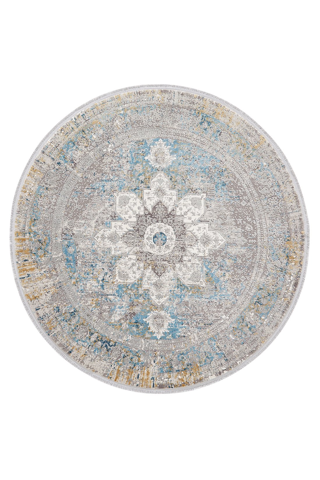 The Medallion Revamp Modernised Medallion Rug - MT002 is a round, machine-made rug with an ornate central floral medallion in blue, gray, white, and gold tones. Its distressed finish gives it a vintage, antique-inspired look.