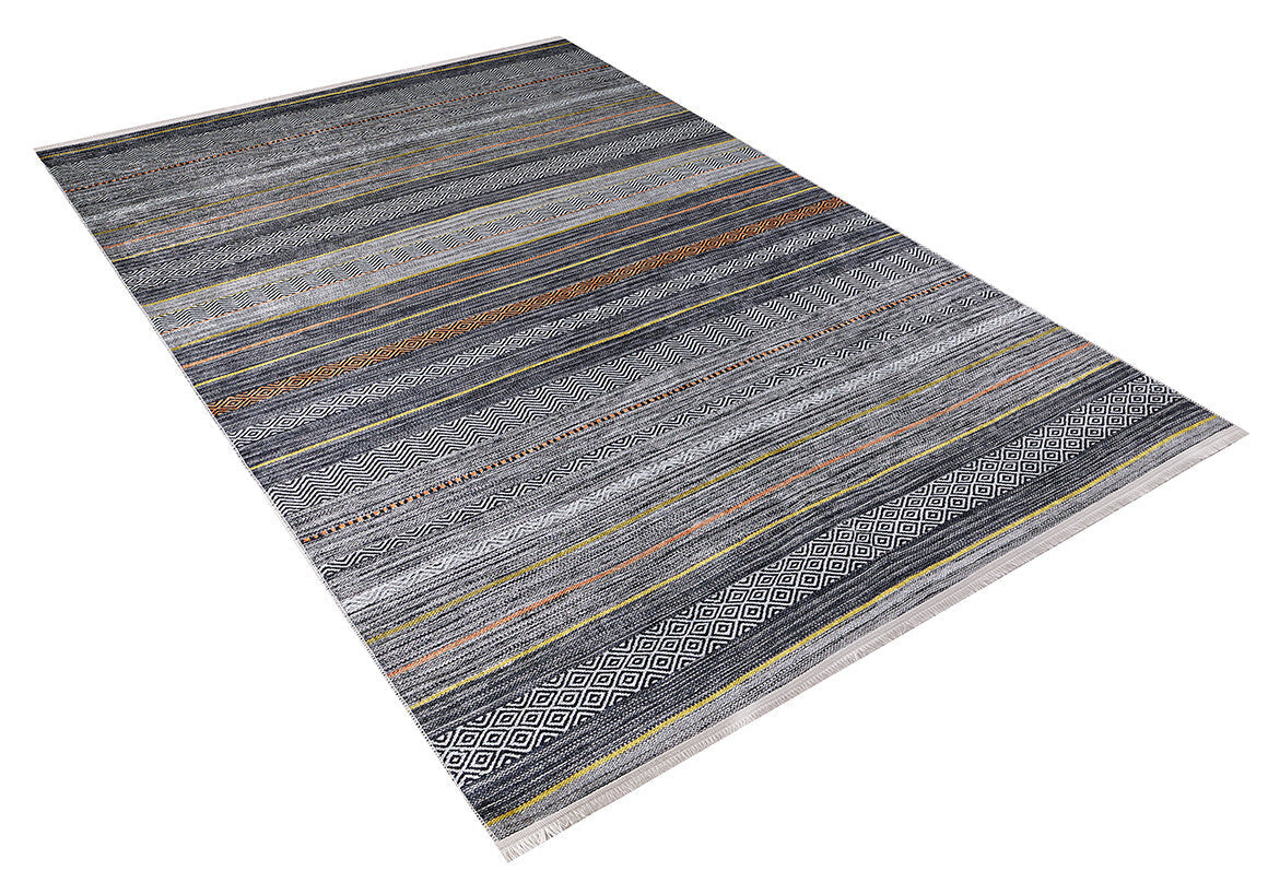 The Metro Lines - Washable Rug - JR1548 features a rectangular flat weave with horizontal gray, blue, brown, and yellow stripes, geometric and diamond patterns, fringed edges, and is available in custom sizes.