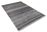 The Metro Lines - Washable Rug - JR1548 features a rectangular flat weave with horizontal gray, blue, brown, and yellow stripes, geometric and diamond patterns, fringed edges, and is available in custom sizes.