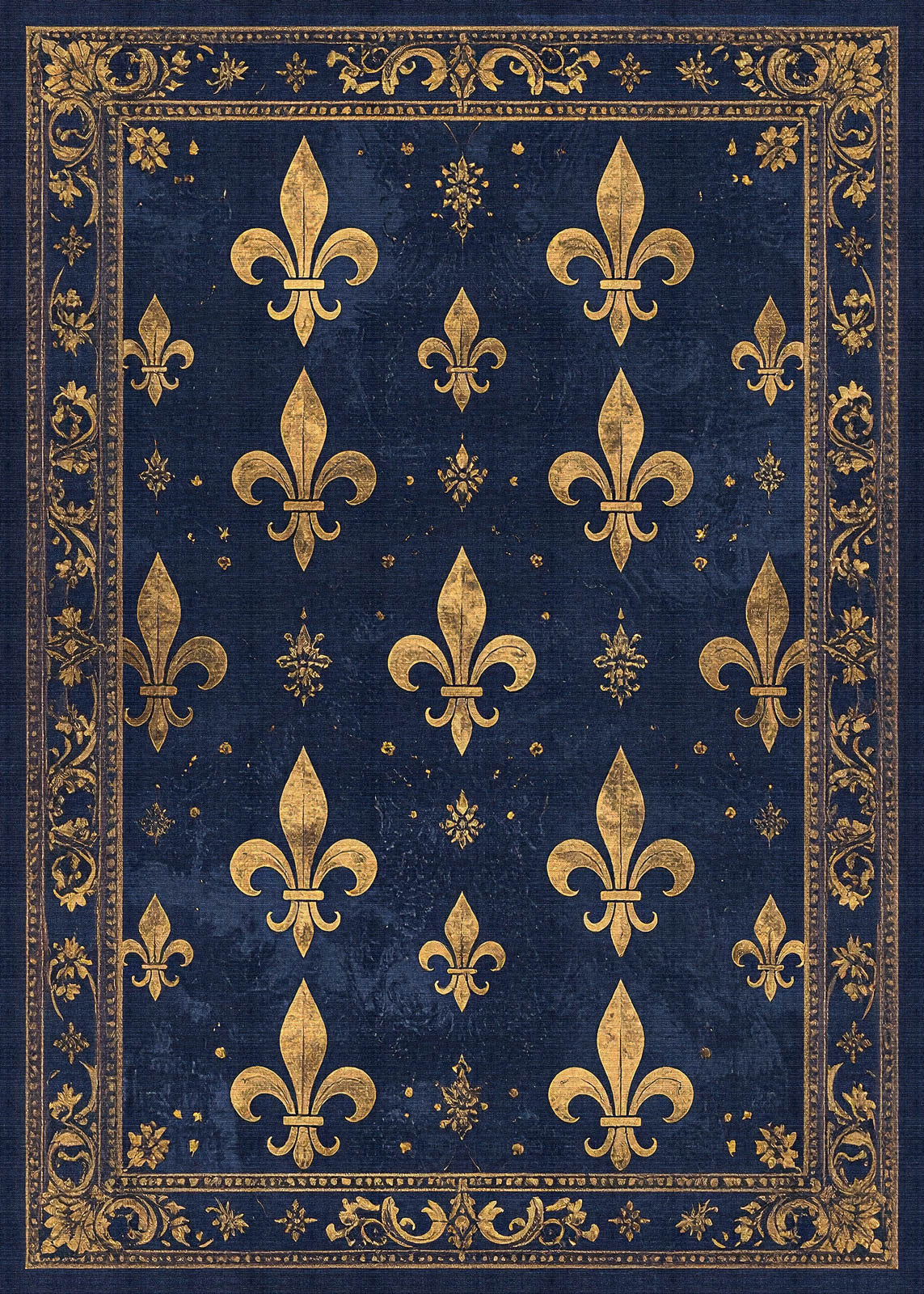 The Midnight Fleur - Washable Rug - JRS017 (Custom Size) features a dark blue background, gold floral borders, and symmetrical gold fleur-de-lis patterns—ideal for high-traffic or allergy-sensitive homes.