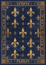 The Midnight Fleur - Washable Rug - JRS017 (Custom Size) features a dark blue background, gold floral borders, and symmetrical gold fleur-de-lis patterns—ideal for high-traffic or allergy-sensitive homes.
