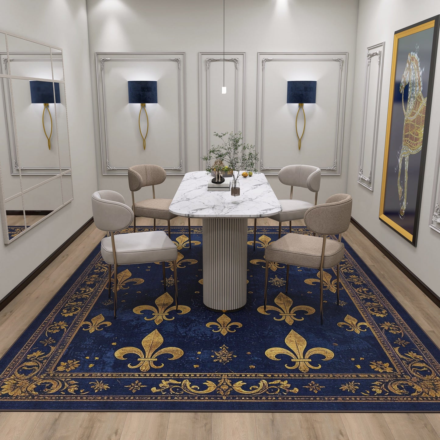 A modern dining room with a white marble table, beige chairs, blue wall lamps, and the Midnight Fleur - Washable Rug - JRS017 (Custom Size) featuring gold fleur-de-lis—ideal for high-traffic areas. Classical frames and horse art complete the look.