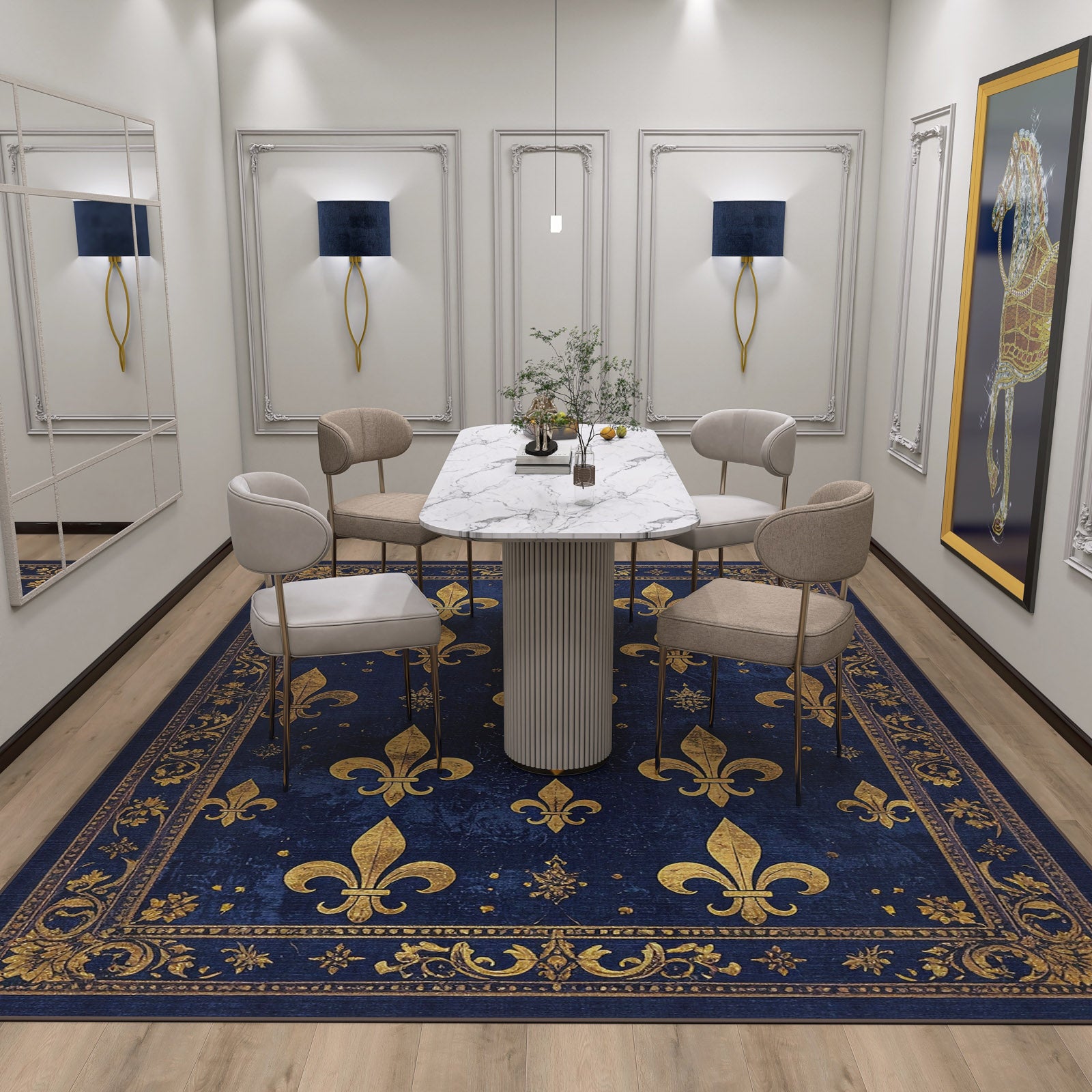 A modern dining room with a white marble table, beige chairs, blue wall lamps, and the Midnight Fleur - Washable Rug - JRS017 (Custom Size) featuring gold fleur-de-lis—ideal for high-traffic areas. Classical frames and horse art complete the look.