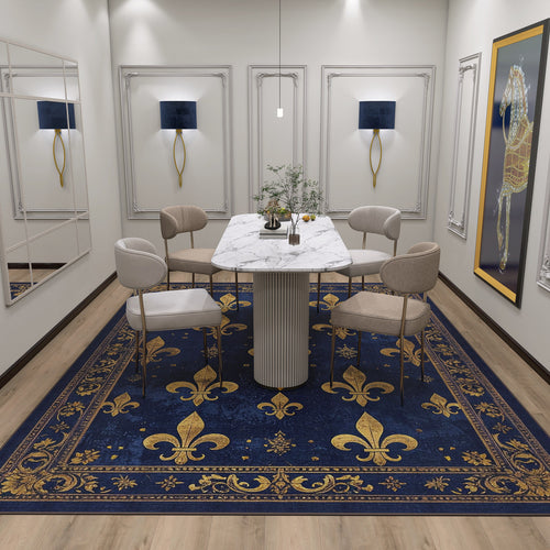 Load image 1 in gallery view. A modern dining room with a white marble table, beige chairs, blue wall lamps, and the Midnight Fleur - Washable Rug - JRS017 (Custom Size) featuring gold fleur-de-lis—ideal for high-traffic areas. Classical frames and horse art complete the look.