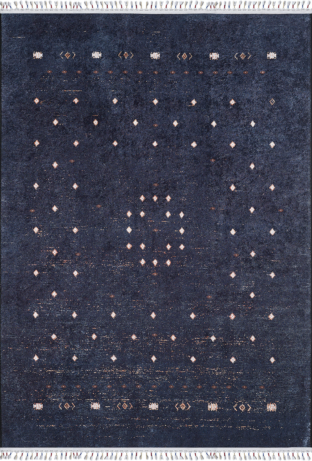 The Midnight Majesty - Machine-Washable Rug (JRS5052, Custom Size) features a dark blue rectangular design with small white diamond patterns in symmetrical rows, a central circular motif, durable for high-traffic areas, and finished with white fringes.