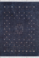 The Midnight Majesty - Machine-Washable Rug (JRS5052, Custom Size) features a dark blue rectangular design with small white diamond patterns in symmetrical rows, a central circular motif, durable for high-traffic areas, and finished with white fringes.