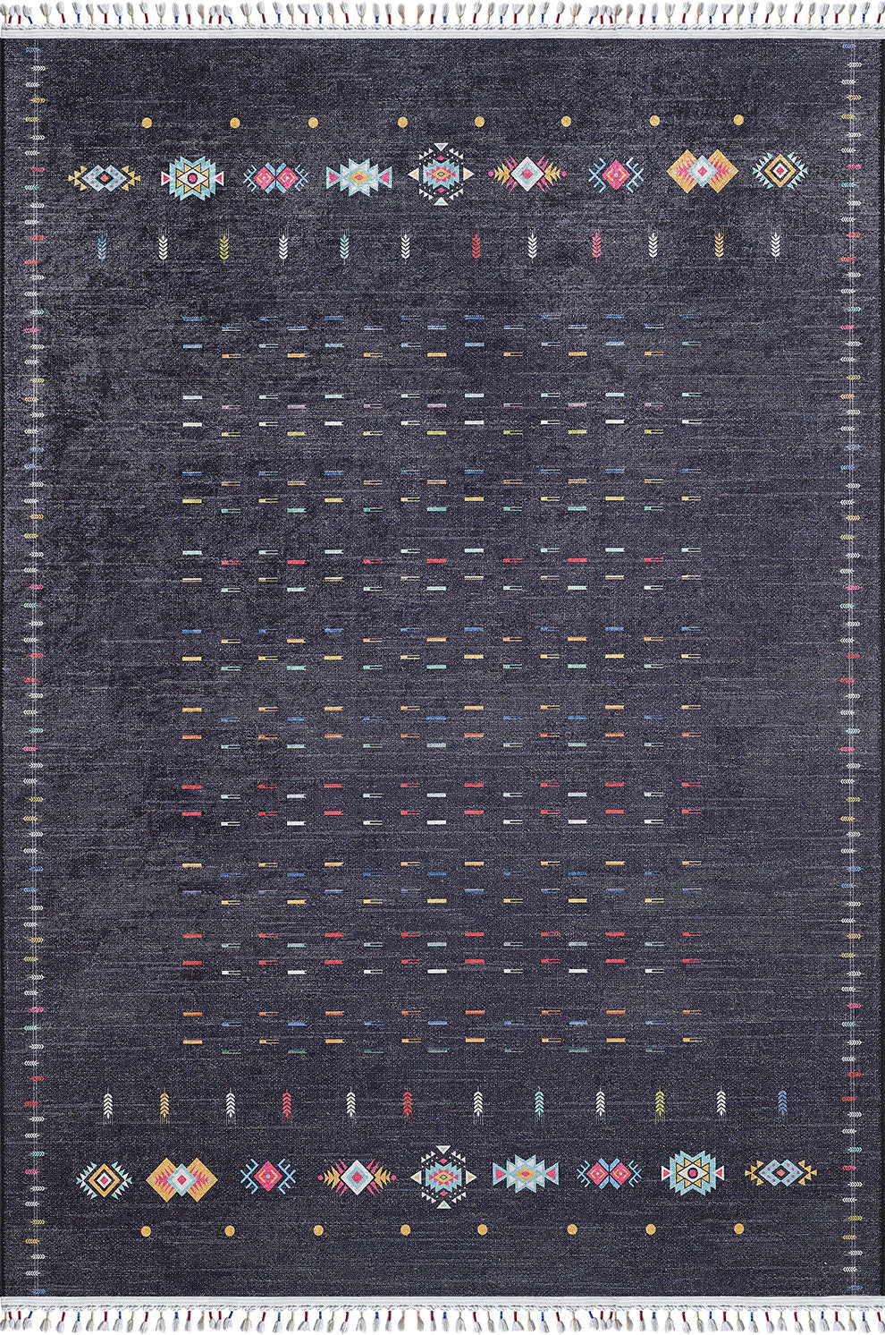 The Midnight Majesty - Machine-Washable Rug - JRS5052 features a dark gray base with colorful geometric patterns and small motifs along the edges, scattered multicolored lines in the center, and white fringe at both ends—ideal for high-traffic areas.