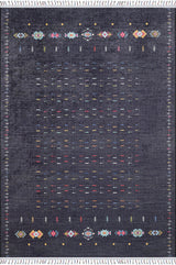 The Midnight Majesty - Machine-Washable Rug - JRS5052 features a dark gray base with colorful geometric patterns and small motifs along the edges, scattered multicolored lines in the center, and white fringe at both ends—ideal for high-traffic areas.