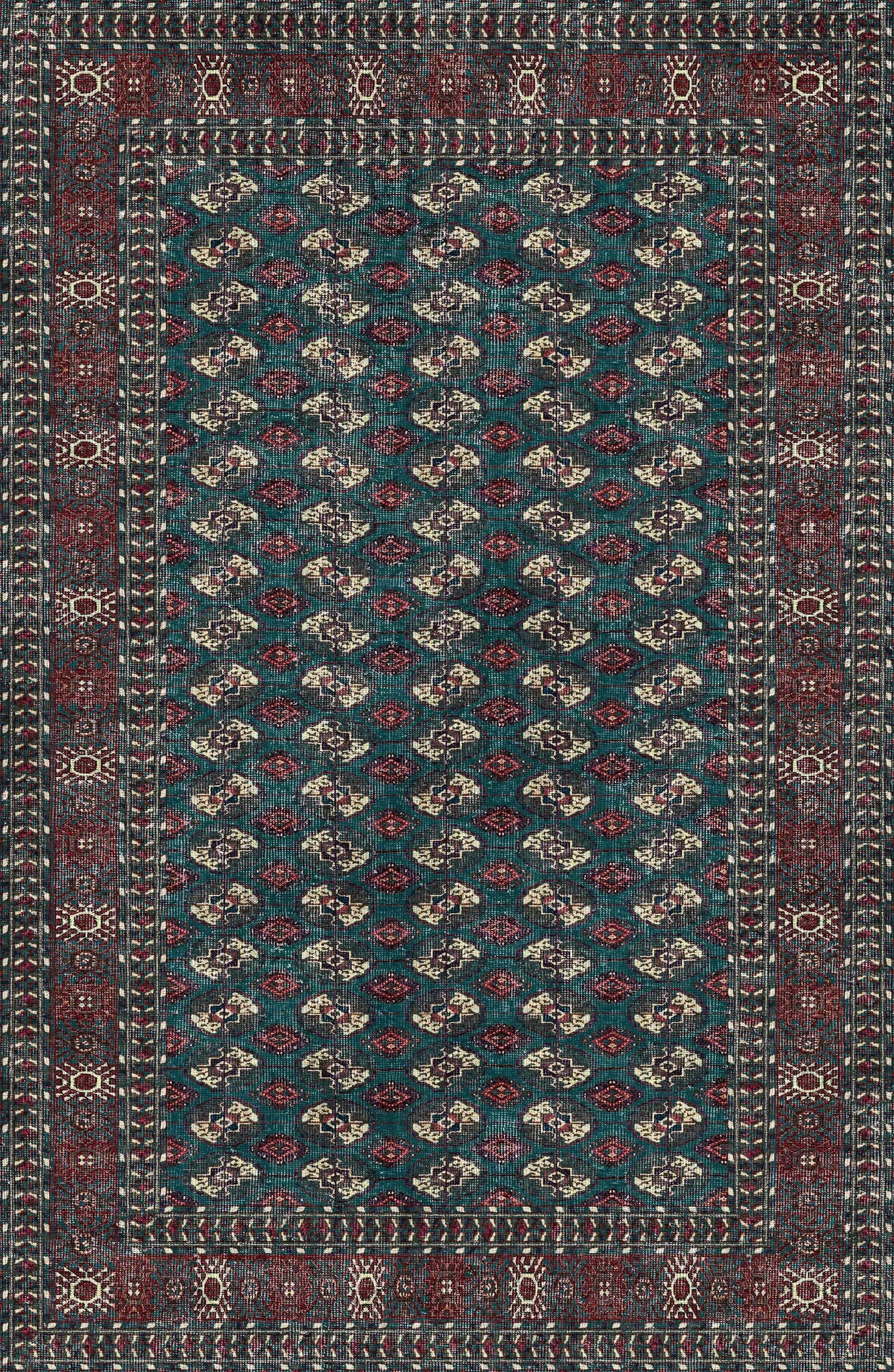 The Midnight Tribal - Washable Rug - JRN1034 showcases a rectangular teal and dark red design with central geometric motifs and intricate diamond and floral borders—perfect for high-traffic areas.