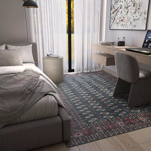 Load image 1 in gallery view. Modern bedroom with a gray bed, checkered bedding, small round bedside table, and the Midnight Tribal - Washable Rug - JRN1034—perfect for high-traffic areas. Includes a floating desk with computer, gray chair, large window with sheer curtains, and wall art.