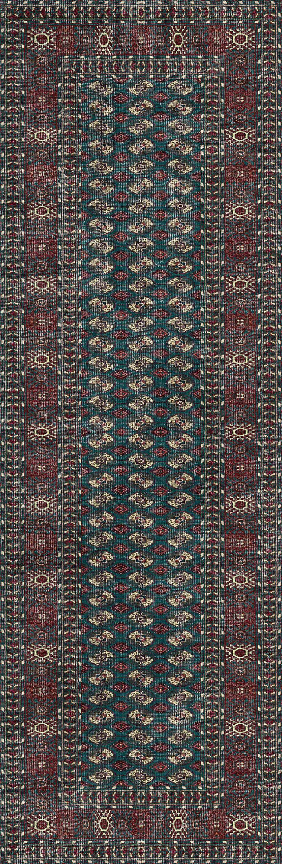 The Midnight Tribal - Washable Rug - JRN1034 features a rectangular design with repeating green, red, and cream geometric patterns and intricate borders—durable and practical for high-traffic areas.