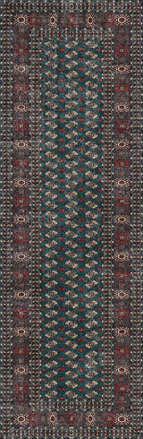 The Midnight Tribal - Washable Rug - JRN1034 features a rectangular design with repeating green, red, and cream geometric patterns and intricate borders—durable and practical for high-traffic areas.