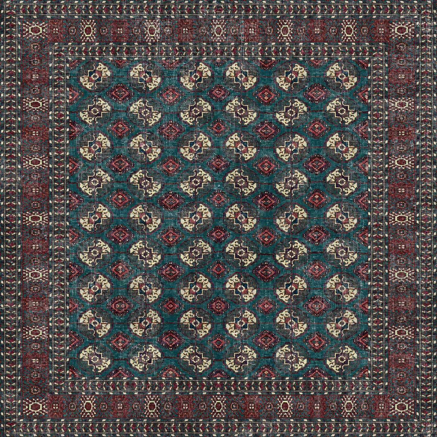The Midnight Tribal - Washable Rug - JRN1034 is a rectangular Persian-style rug with a teal background, showcasing red, cream, and black geometric floral patterns and ornate borders—ideal for high-traffic areas.