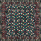 The Midnight Tribal - Washable Rug - JRN1034 is a rectangular Persian-style rug with a teal background, showcasing red, cream, and black geometric floral patterns and ornate borders—ideal for high-traffic areas.