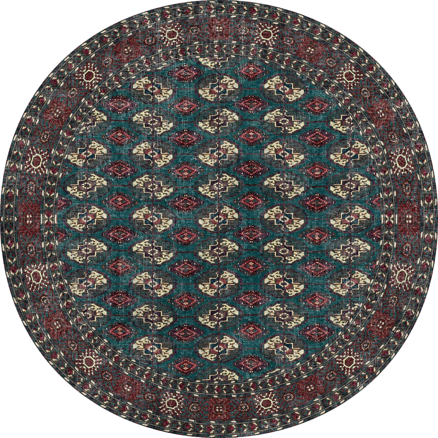 The Midnight Tribal - Washable Rug (JRN1034) is a round rug with intricate geometric diamond patterns in red, teal, and cream, featuring a detailed border and traditional design—perfect for high-traffic areas.