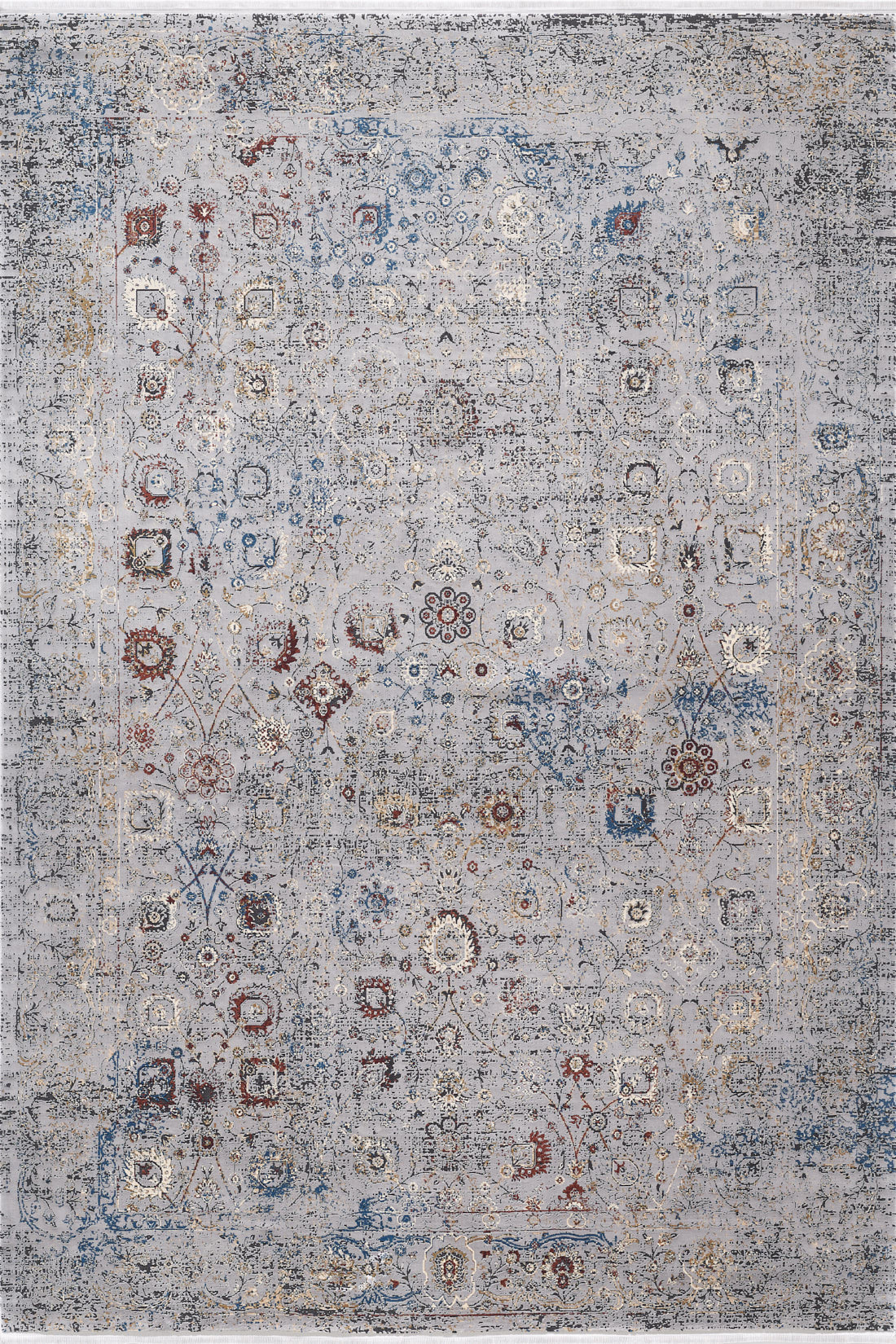 The Miniature Elegance Oushak Rug - Grey - 2084F is a large, rectangular, machine-made rug with a vintage look, distressed faded floral and geometric patterns, and hues of gray, blue, red, and beige for an elegant worn texture.