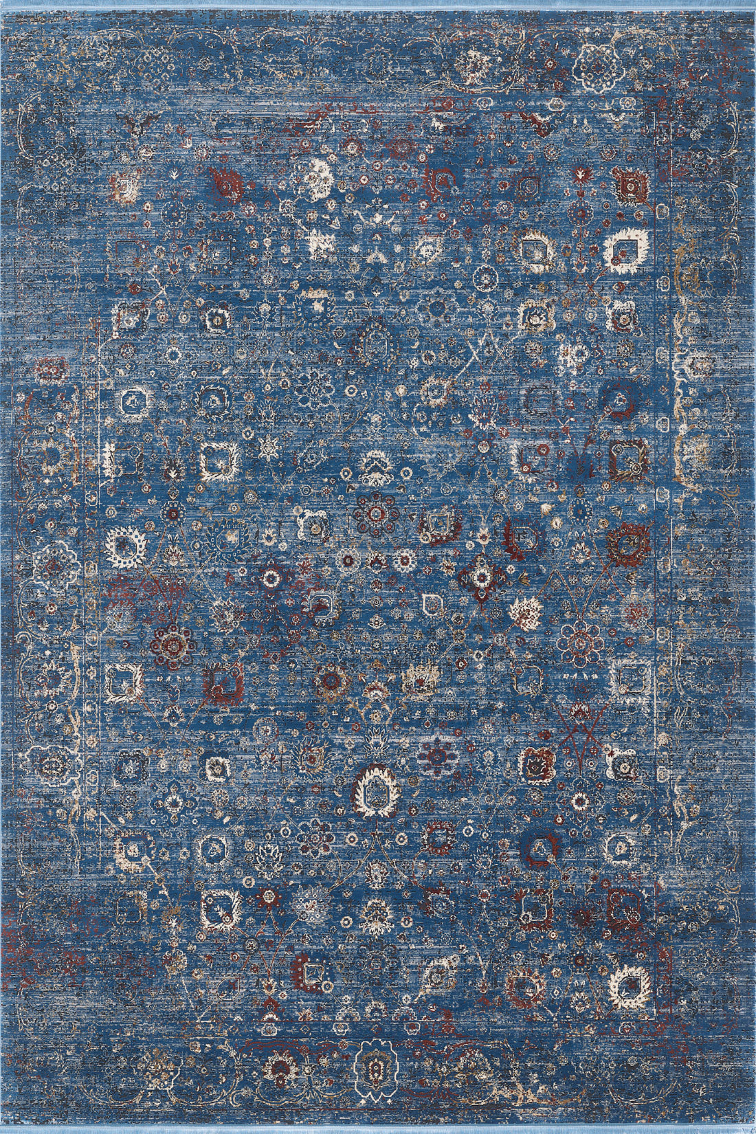 The Miniature Elegance Oushak Rug - Navy - 2084E is a large blue area rug with a distressed background and intricate multicolored floral, geometric, and medallion patterns in white, beige, red, and gold. This machine-made rug features a vintage ornate design.