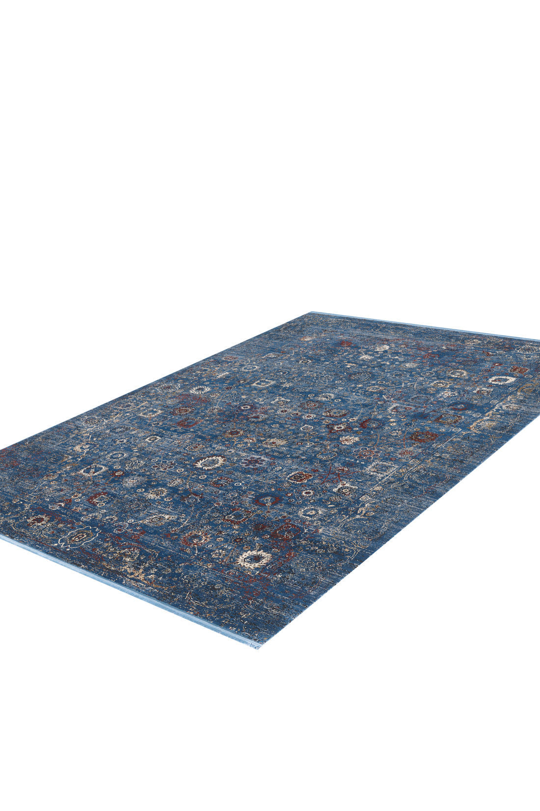 The Miniature Elegance Oushak Rug - Navy - 2084E is a rectangular, machine-made blue area rug with a distressed texture and multicolored pattern, including beige, red, and brown accents, shown on a white background.