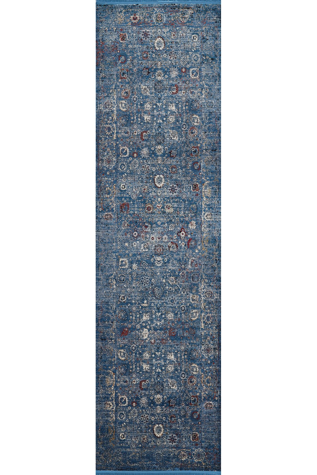 The Miniature Elegance Oushak Rug - Navy - 2084E is a rectangular machine-made area rug featuring intricate vintage-inspired blue, white, and rust patterns with floral and geometric motifs in a traditional style.