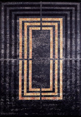 The Minimalist and Clean - Washable Rug - JR1407 (Custom Size) features concentric rectangular patterns in gold, orange, and black on a distressed dark background. Durable and washable, it's perfect for high-traffic areas and adds symmetry to any space.