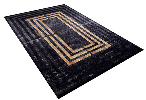 Load image 1 in gallery view. The Minimalist and Clean - Washable Rug - JR1407 (Custom Size) features a black background with geometric gold and tan rectangles, making it perfect for high-traffic areas while adding a modern, stylish touch.