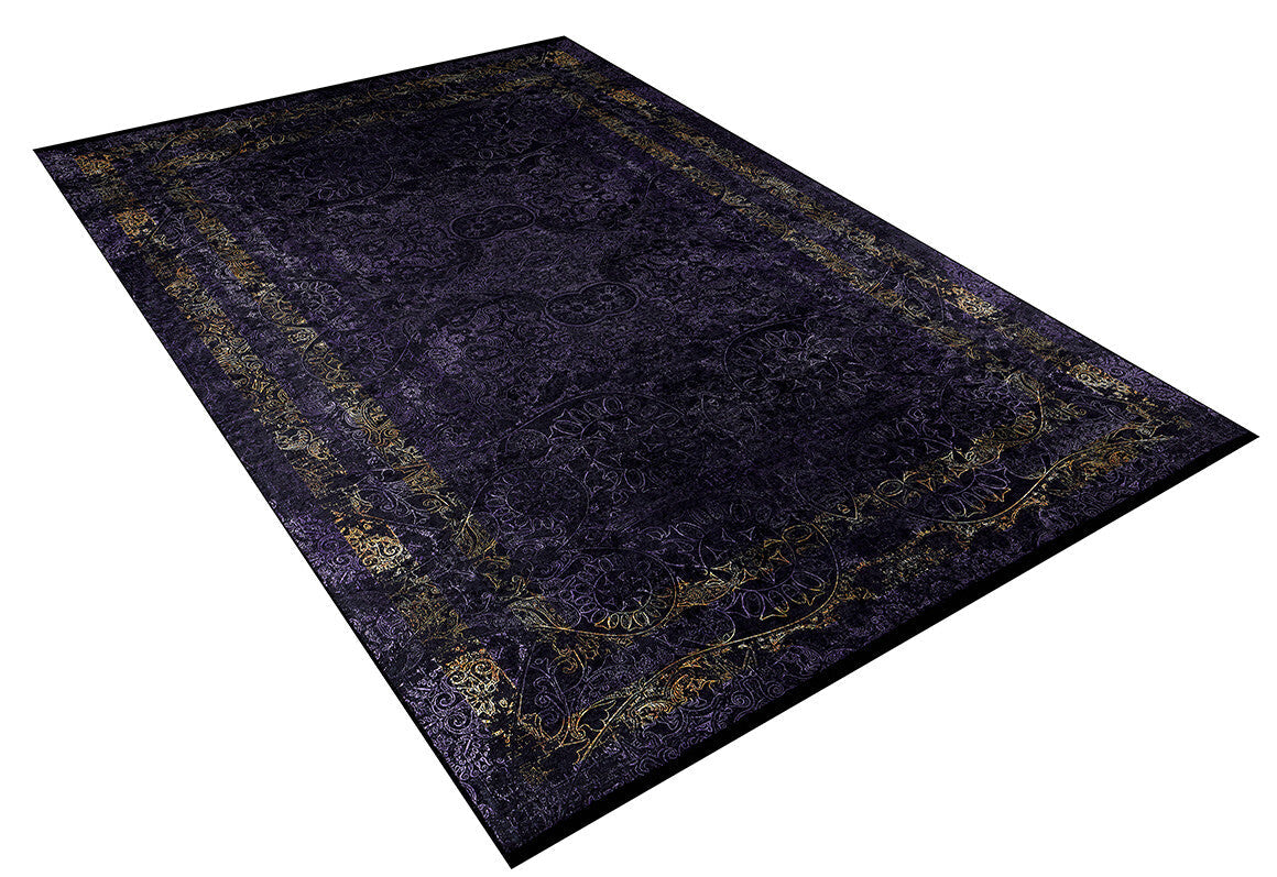 The Minimalist and Elegant - Washable Rug - JR1298 (Custom Size) is a washable purple rug with intricate gold and blue border patterns and ornate designs—ideal for high-traffic areas.