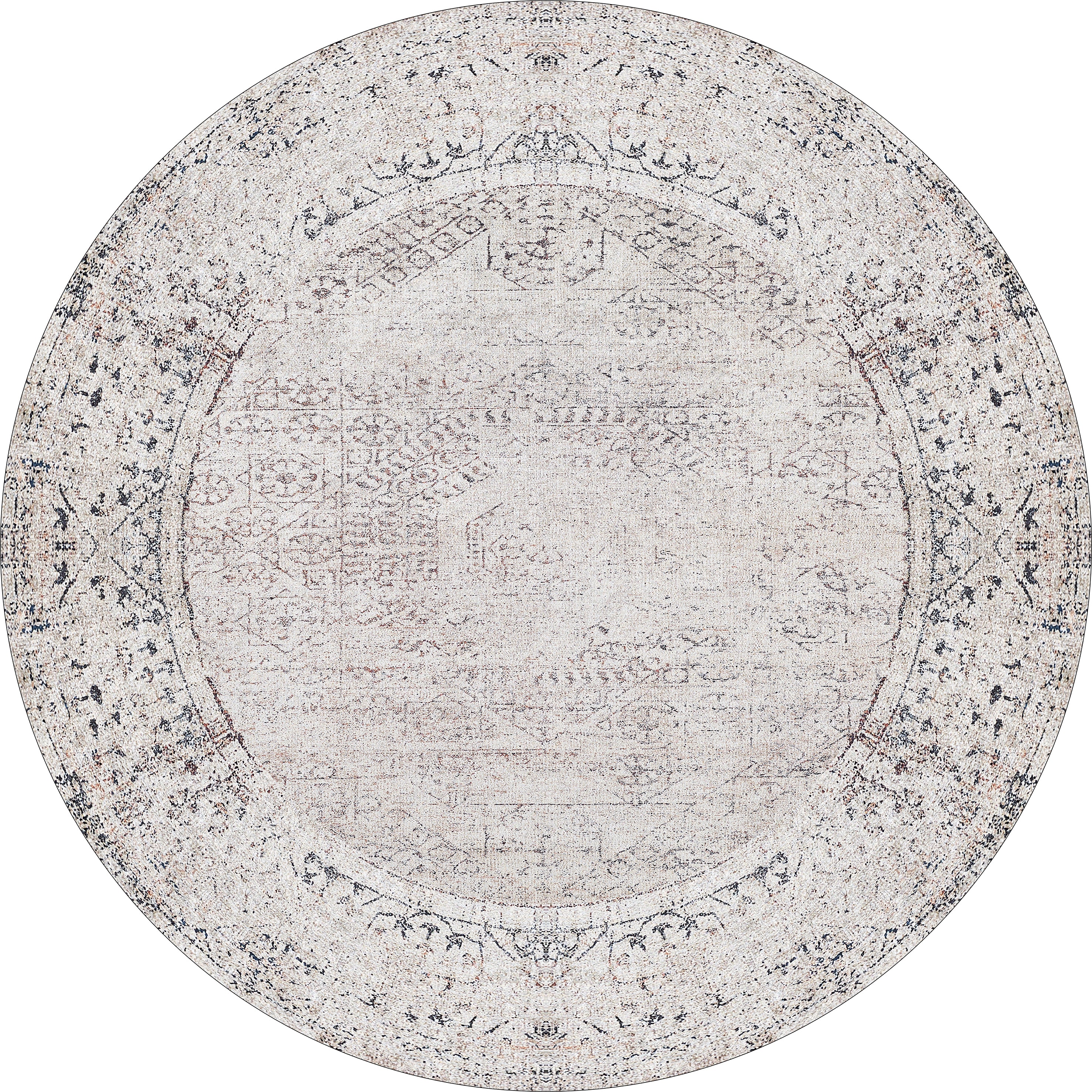 The Misty Mosaic - Washable Rug - JR1690 features a cream and beige, vintage-inspired faded pattern with darker edges. Its distressed design adds elegant style while remaining practical and easy to clean.