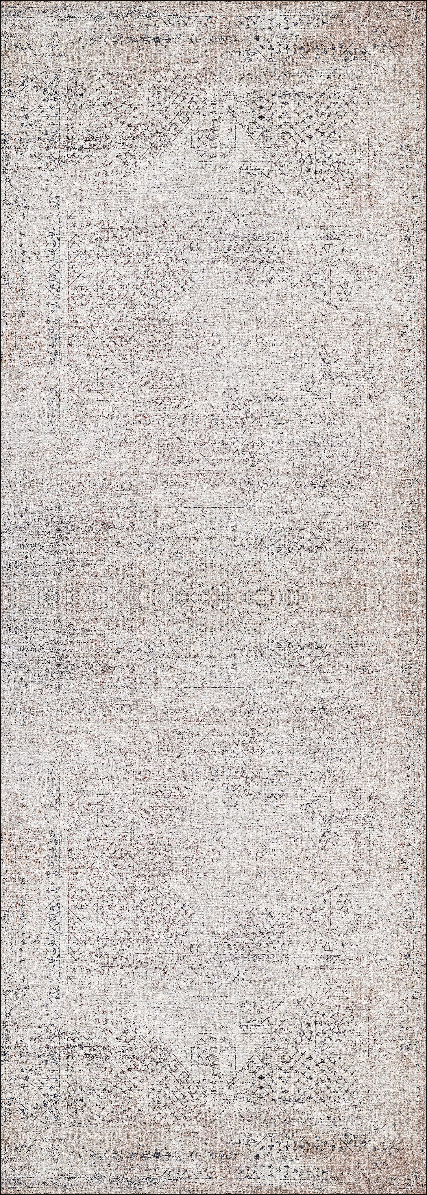 The Misty Mosaic - Washable Rug - JR1690 is a rectangular vintage-style rug featuring subtle geometric and floral patterns in muted beige, taupe, and light gray—an allergy-sensitive option with timeless, faded charm.