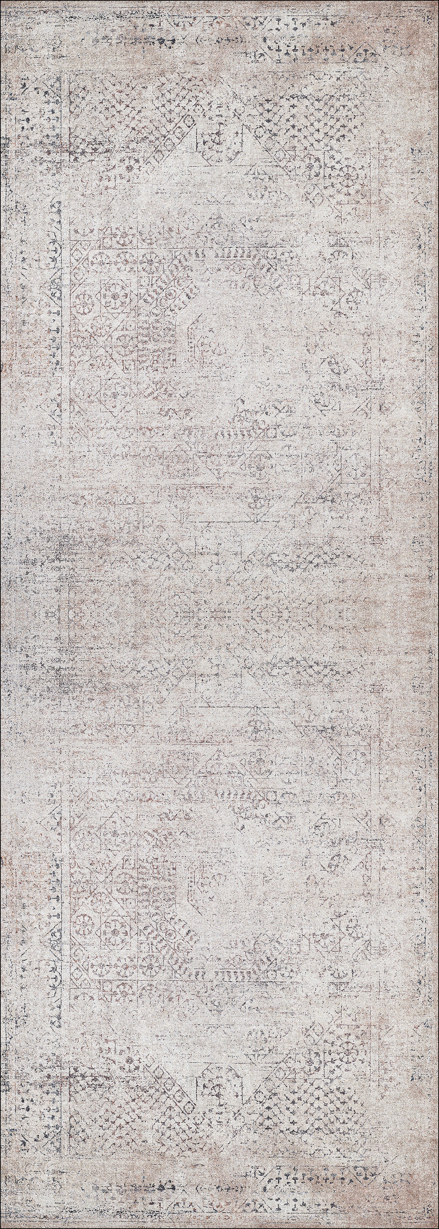 The Misty Mosaic - Washable Rug - JR1690 is a rectangular vintage-style rug featuring subtle geometric and floral patterns in muted beige, taupe, and light gray—an allergy-sensitive option with timeless, faded charm.