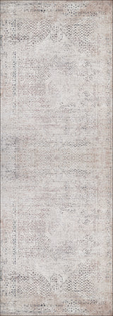 The Misty Mosaic - Washable Rug - JR1690 is a rectangular vintage-style rug featuring subtle geometric and floral patterns in muted beige, taupe, and light gray—an allergy-sensitive option with timeless, faded charm.