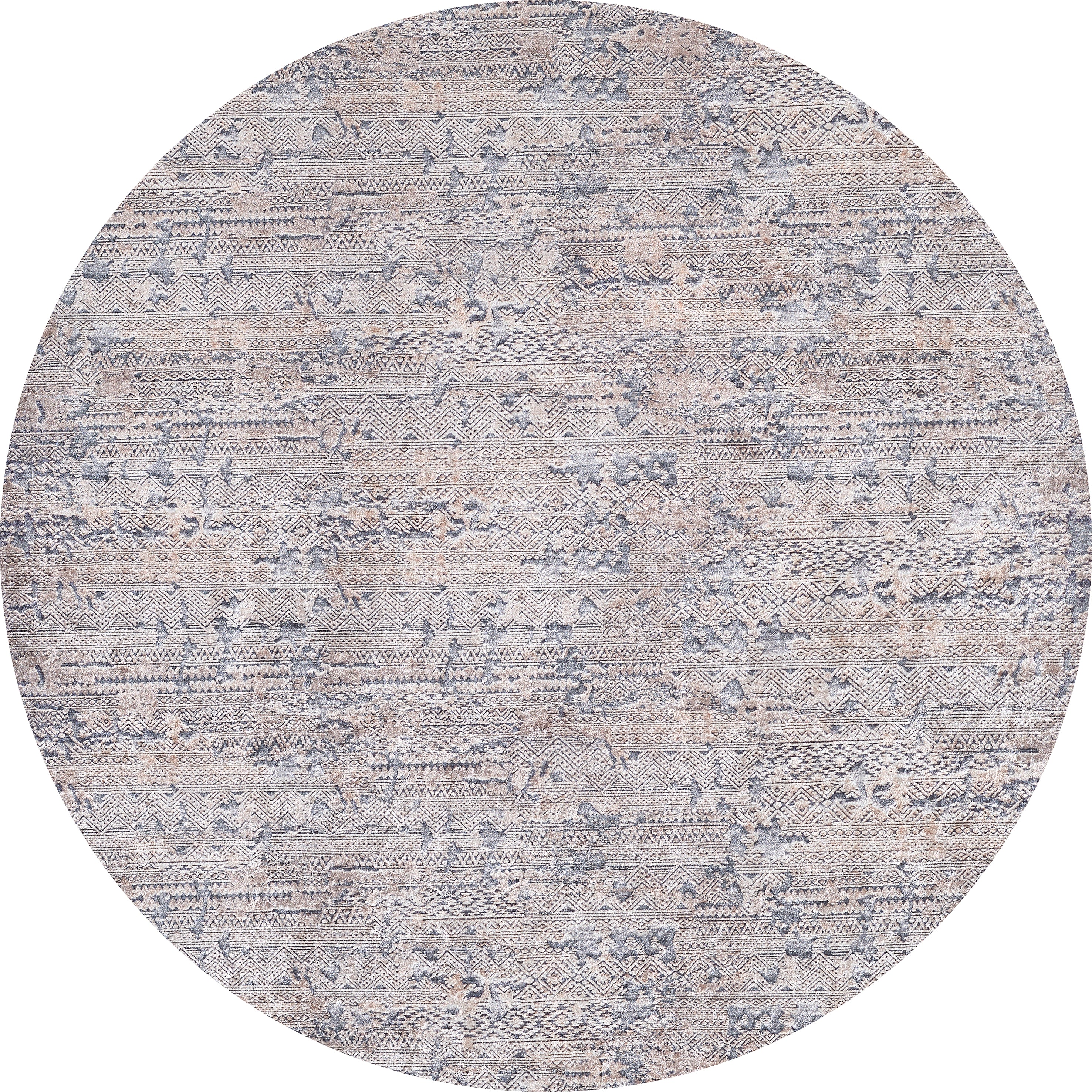 The Modern Enigma - Machine-Washable Rug JR1883 is a round, washable rug with a muted, textured pattern in beige, gray, and blue tones and subtle geometric and tribal designs—ideal for high-traffic areas.