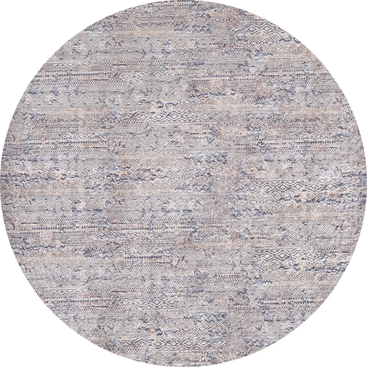 The Modern Enigma - Machine-Washable Rug JR1883 (Custom Size) features a round shape, subtle textured pattern in muted gray, cream, and beige, and an intricately woven distress design ideal for high-traffic areas.