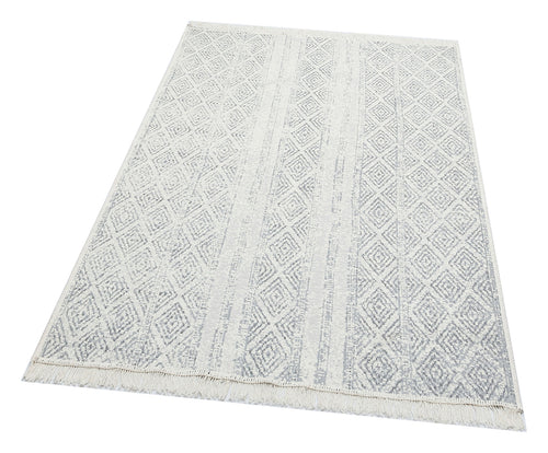 Load image 1 in gallery view. The Modern Mist - Washable Reversible Kilims - AR01 is a machine-made rectangular rug showcasing a subtle diamond trellis pattern in light grey and white, finished with short fringe on the shorter sides.