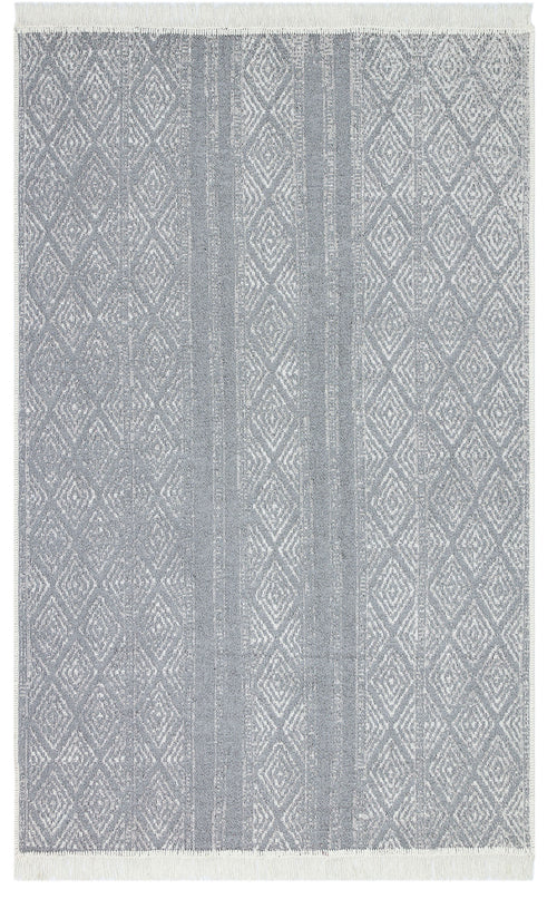 Load image 1 in gallery view. The Modern Mist - Washable Double-Sided Kilims - AR01 is a contemporary machine-made rug with a light gray and white geometric diamond pattern, subtle vertical stripes, and short white fringe on the top and bottom edges for a stylish touch.