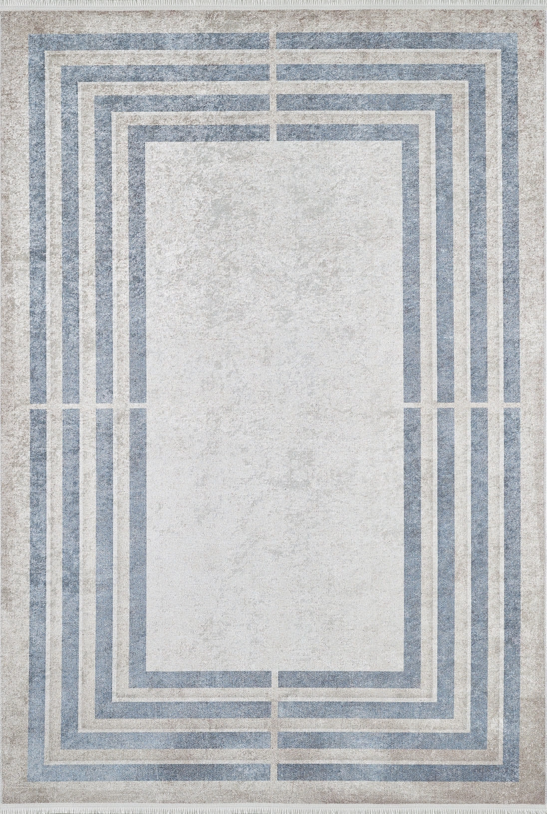 The Modern and Regal - Washable Rug - JR1616 (Custom Size) features a light gray background with layered blue and gray geometric border lines, making it ideal for high-traffic areas.