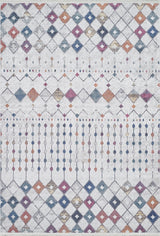 The Moroccan Mosaic - Washable Rug - JR1655 features diamond and dot patterns in orange, blue, purple, and gold on a light background—ideal for high-traffic areas with symmetrical rows of shapes and easy maintenance.