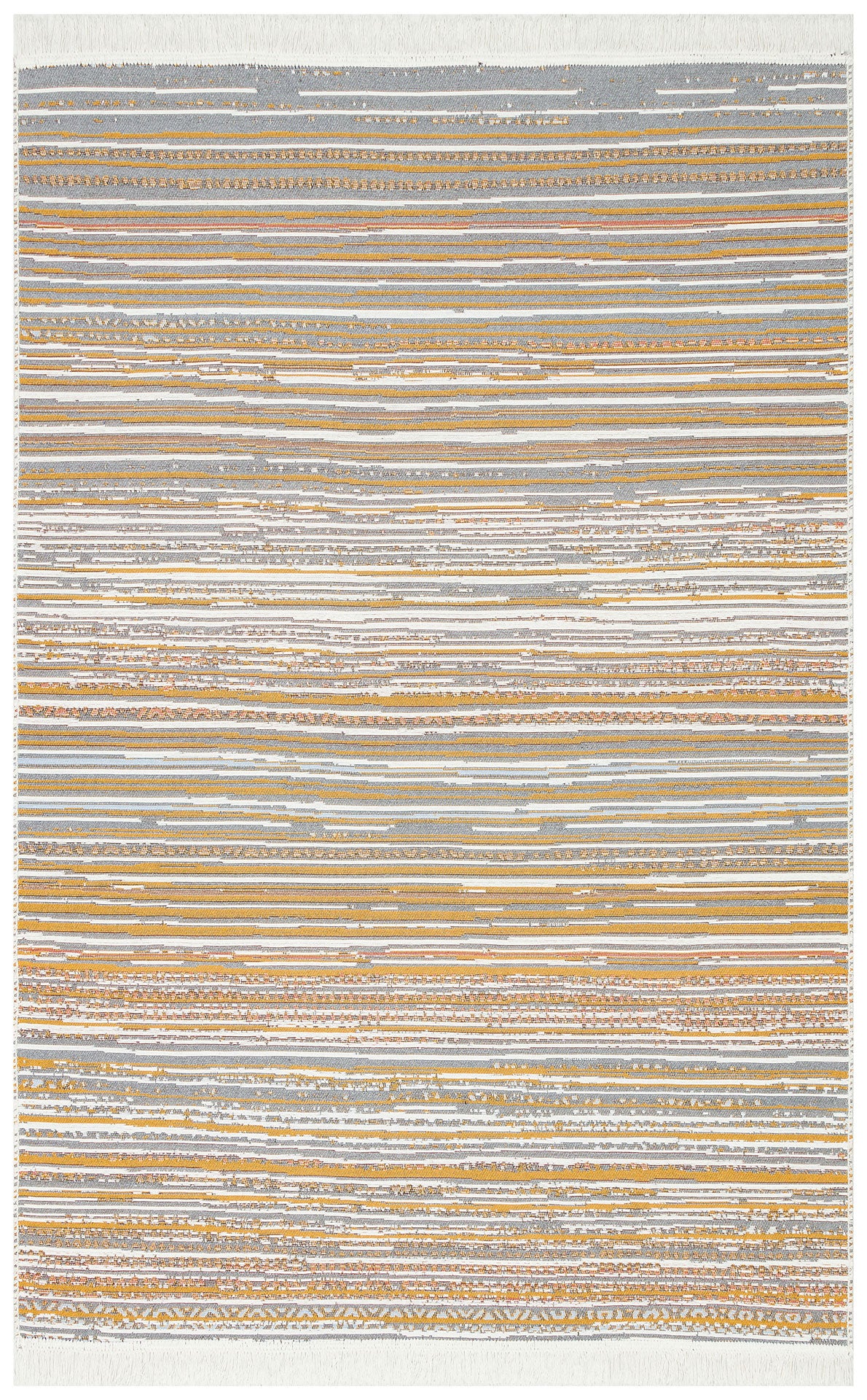 The Mosaic Fade - Washable Reversible Kilims - AR35 is a rectangular flatwoven rug with horizontal stripes in yellow, gold, gray, and white. Its textured look and short fringes on both ends add a stylish accent.