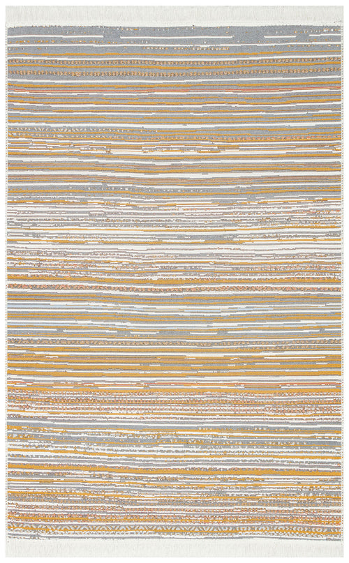 Load image 1 in gallery view. The Mosaic Fade - Washable Reversible Kilims - AR35 is a rectangular flatwoven rug with horizontal stripes in yellow, gold, gray, and white. Its textured look and short fringes on both ends add a stylish accent.