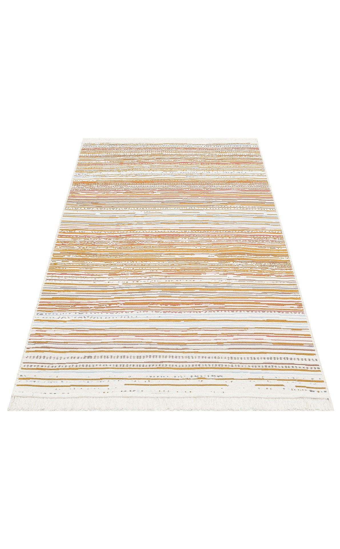The Mosaic Fade - Washable Reversible Kilims - AR35 is a modern rectangular rug with a white base and horizontal stripes in brown, orange, and beige. Varying patterns add style, while short fringes complete its contemporary, washable design.