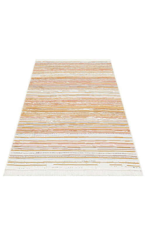 Load image 1 in gallery view. The Mosaic Fade - Washable Reversible Kilims - AR35 is a modern rectangular rug with a white base and horizontal stripes in brown, orange, and beige. Varying patterns add style, while short fringes complete its contemporary, washable design.
