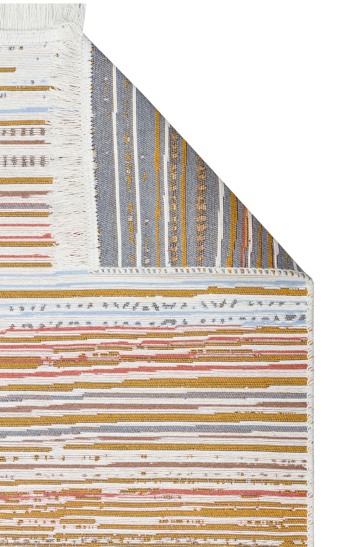 A close-up of the Mosaic Fade - Washable Double-Sided Kilims - AR35 shows its recycled cotton texture and visible threads, with a folded corner revealing horizontal stripes in white, gold, gray, yellow, and pink.